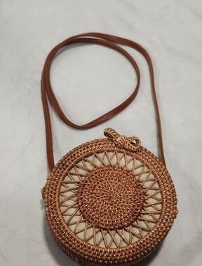 Round Woven Rattan Crossbody Bag - Brown